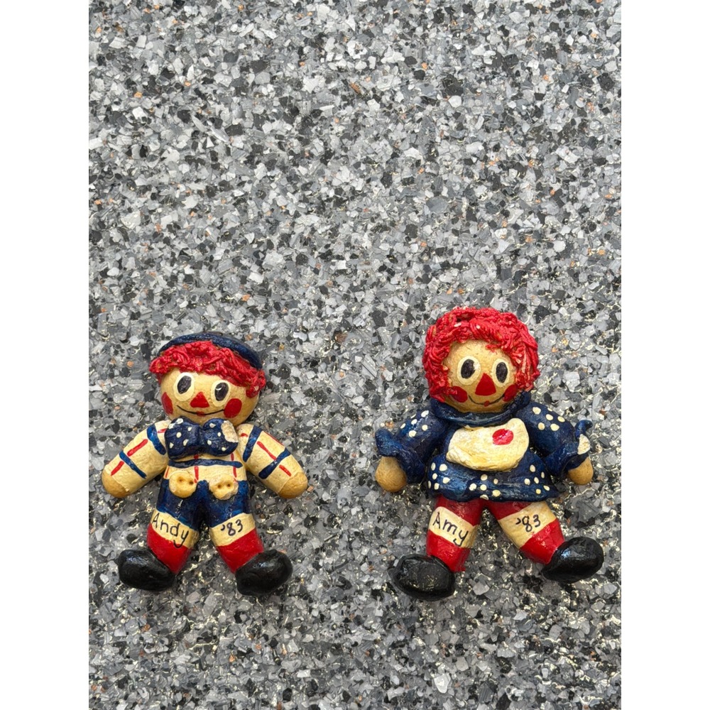 Vintage 1983 Raggedy Ann Andy Inspired Figurines Amy Andy Folk Art Set of 2 3.5"